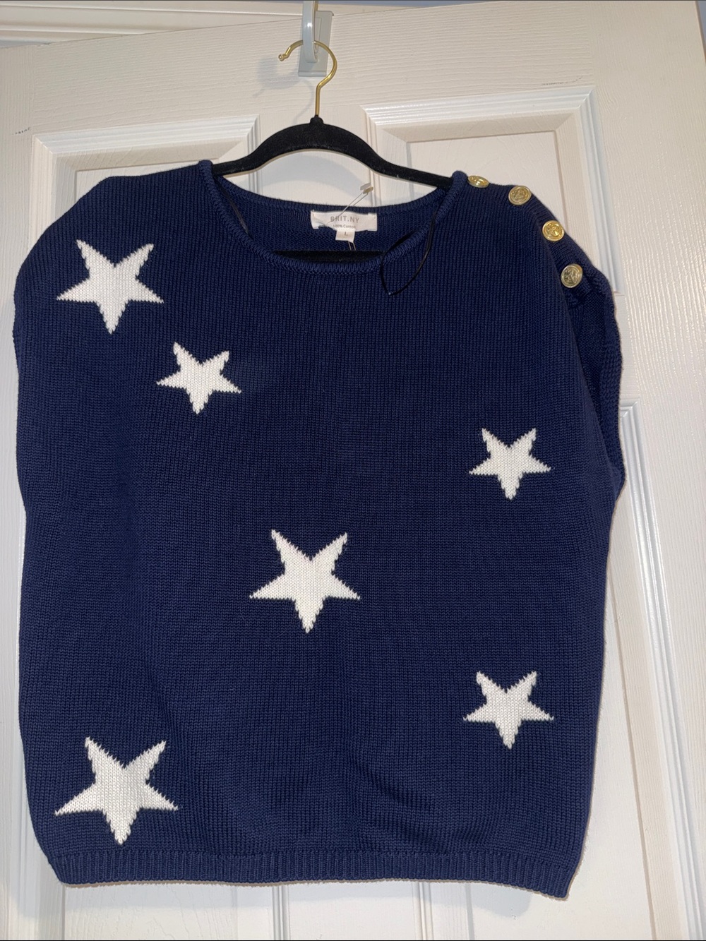 Sutton Studio Navy Sweater with White Star Motif and Gold Shoulder Buttons